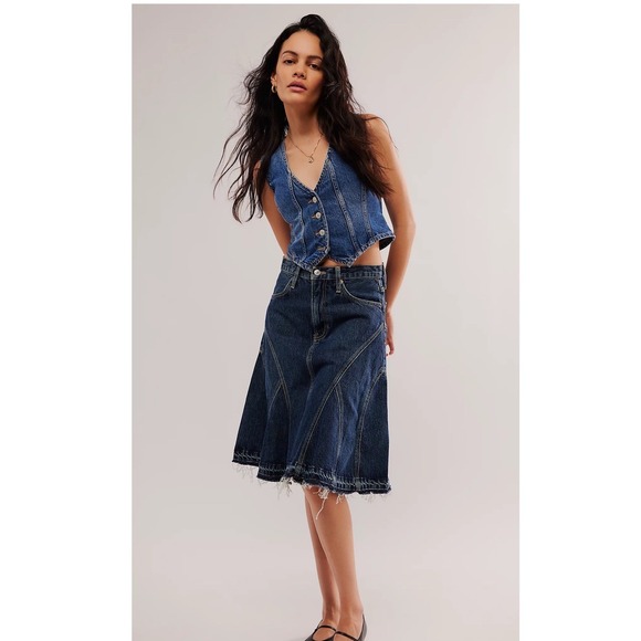 RE/DONE Denim Engineered Seam Skirt Whiskey Indigo Raw Hem A-Line Women's - Picture 1 of 16